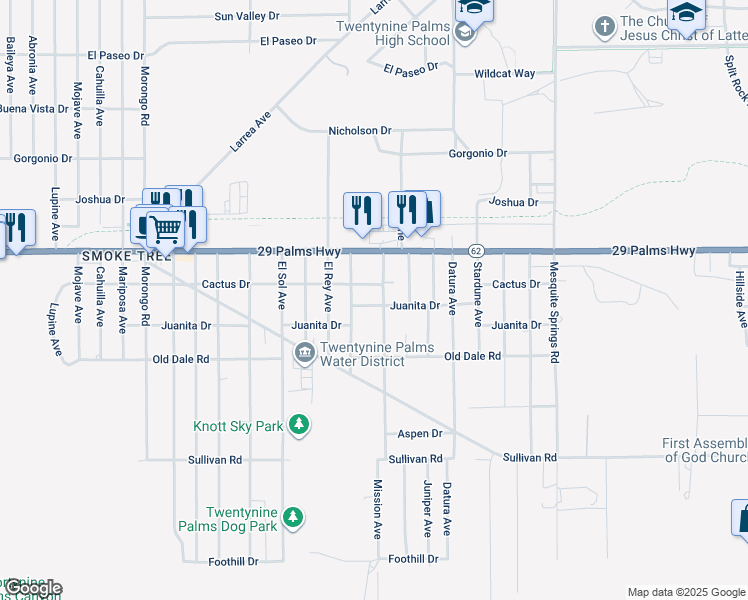 map of restaurants, bars, coffee shops, grocery stores, and more near 72546 Juanita Drive in Twentynine Palms