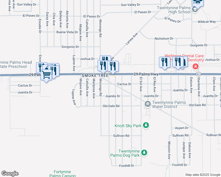 map of restaurants, bars, coffee shops, grocery stores, and more near 6593 Manzanita Avenue in Twentynine Palms