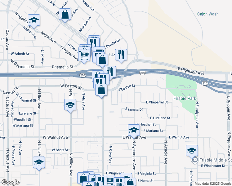 map of restaurants, bars, coffee shops, grocery stores, and more near 175 East Easton Street in Rialto