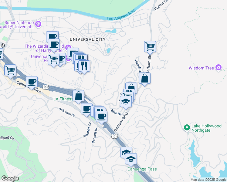 map of restaurants, bars, coffee shops, grocery stores, and more near 3387 Blair Drive in Los Angeles
