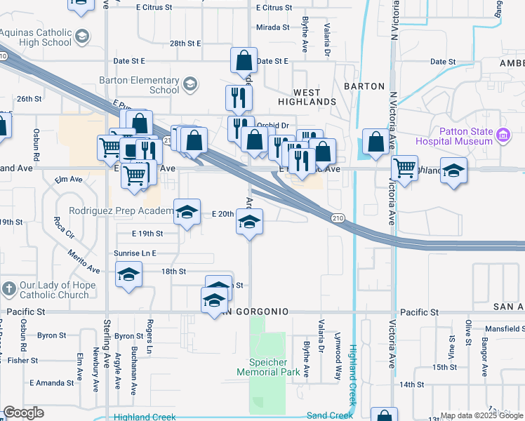 map of restaurants, bars, coffee shops, grocery stores, and more near 2011 Arden Avenue in Highland
