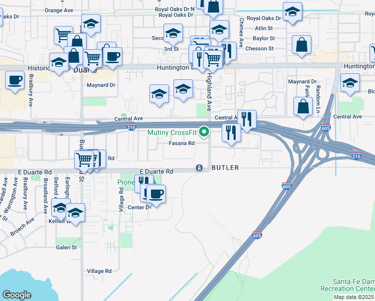 map of restaurants, bars, coffee shops, grocery stores, and more near 1700 Business Center Drive in Duarte