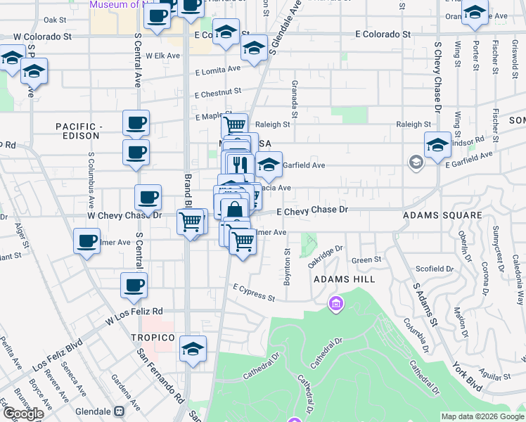 map of restaurants, bars, coffee shops, grocery stores, and more near 421 East Chevy Chase Drive in Glendale