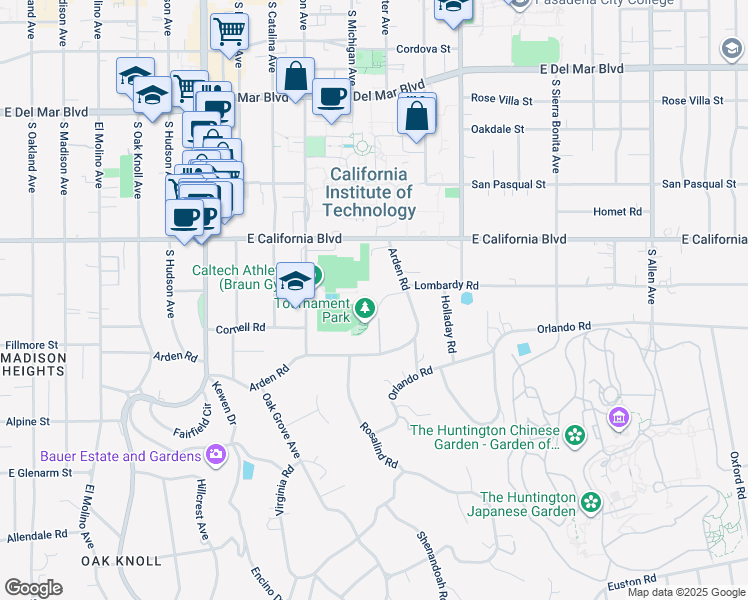 map of restaurants, bars, coffee shops, grocery stores, and more near 1205 Arden Road in Pasadena