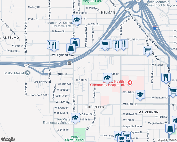 map of restaurants, bars, coffee shops, grocery stores, and more near 1826 West 19th Street in San Bernardino