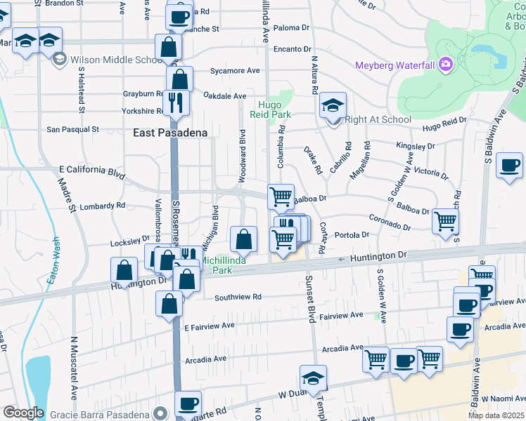 map of restaurants, bars, coffee shops, grocery stores, and more near 731 South Michillinda Avenue in Pasadena