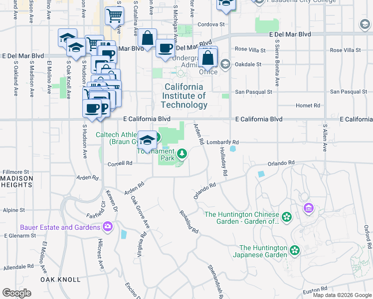 map of restaurants, bars, coffee shops, grocery stores, and more near 1205 Arden Road in Pasadena