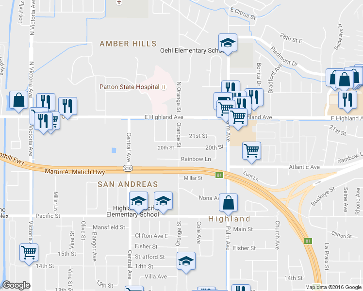 map of restaurants, bars, coffee shops, grocery stores, and more near 3404 20th Street in Highland