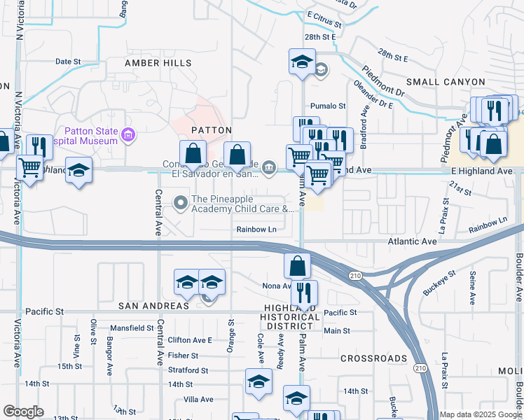 map of restaurants, bars, coffee shops, grocery stores, and more near 3476 20th Street in Highland
