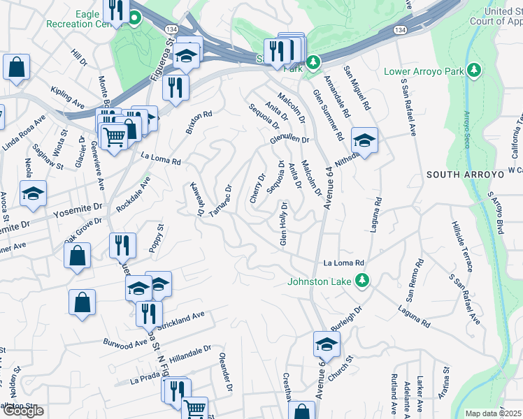 map of restaurants, bars, coffee shops, grocery stores, and more near 450 Cherry Drive in Pasadena
