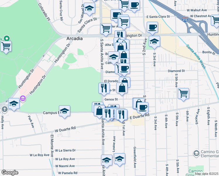 map of restaurants, bars, coffee shops, grocery stores, and more near 25 Fano Street in Arcadia