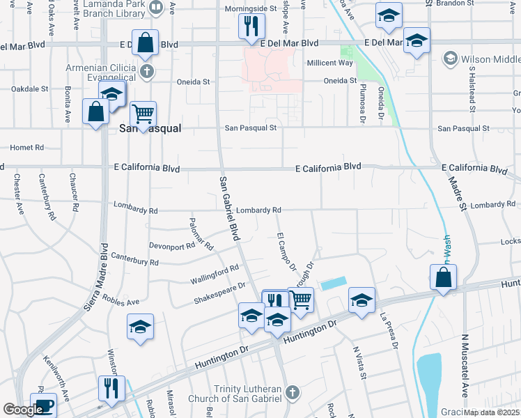 map of restaurants, bars, coffee shops, grocery stores, and more near 2965 Lombardy Road in Pasadena