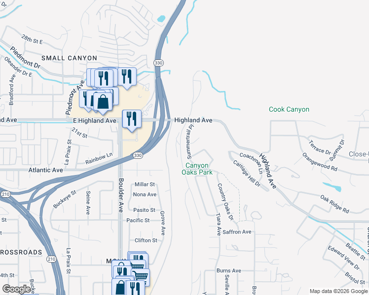 map of restaurants, bars, coffee shops, grocery stores, and more near 6632 Summertrail Place in Highland