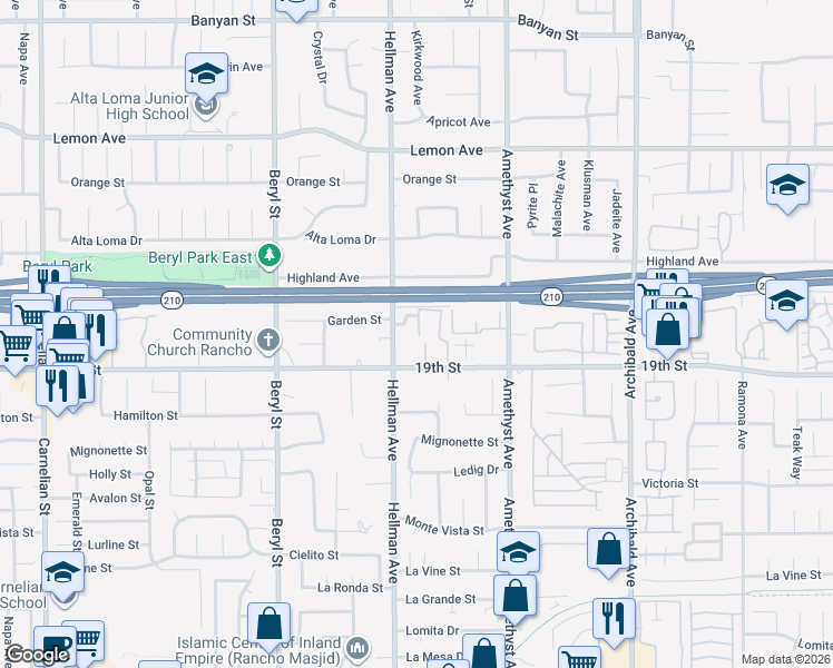 map of restaurants, bars, coffee shops, grocery stores, and more near 6638 Sugar Pine Place in Rancho Cucamonga