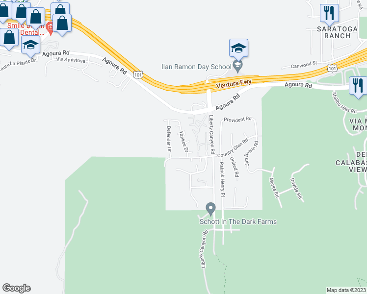 map of restaurants, bars, coffee shops, grocery stores, and more near 4037 Yankee Drive in Agoura Hills