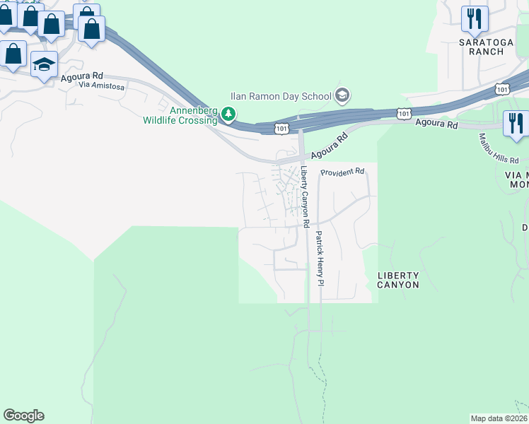 map of restaurants, bars, coffee shops, grocery stores, and more near 4021 Yankee Drive in Agoura Hills