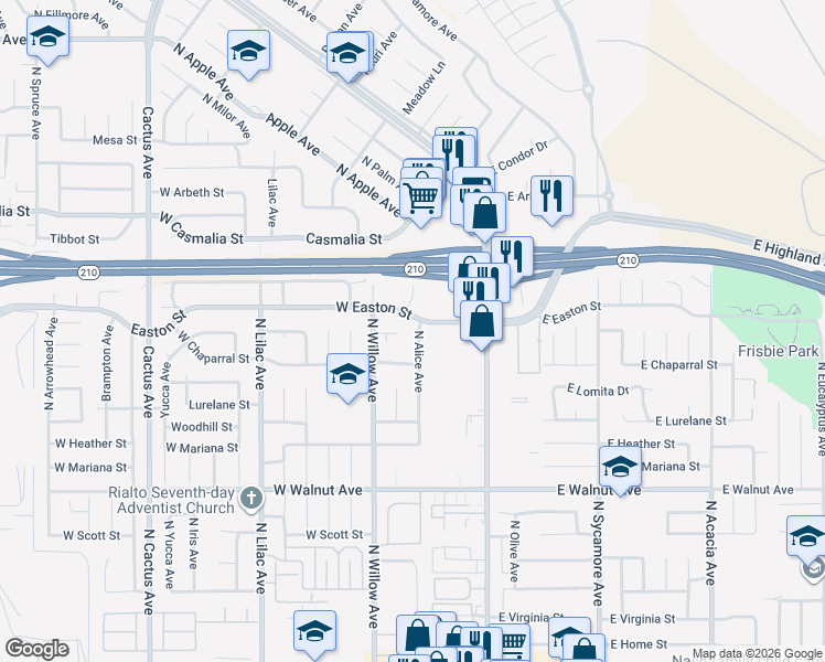 map of restaurants, bars, coffee shops, grocery stores, and more near 1888 North Alice Avenue in Rialto