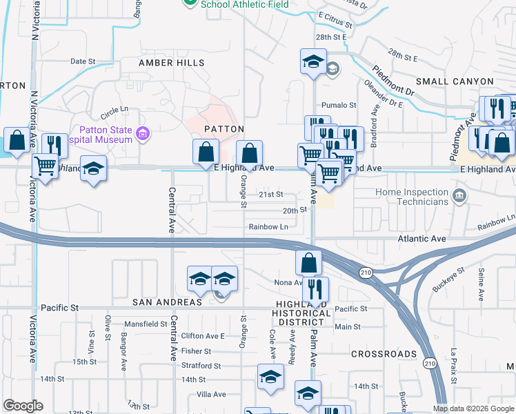 map of restaurants, bars, coffee shops, grocery stores, and more near 3430 20th Street in Highland