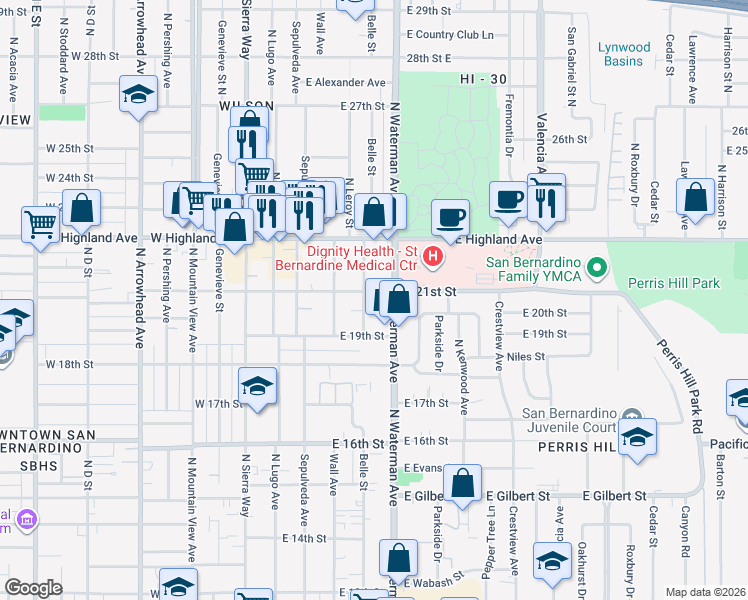 map of restaurants, bars, coffee shops, grocery stores, and more near 2077 Belle Street in San Bernardino