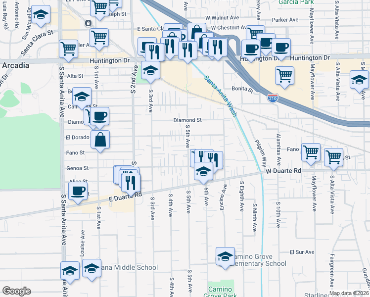 map of restaurants, bars, coffee shops, grocery stores, and more near 1620 Fifth Avenue in Monrovia