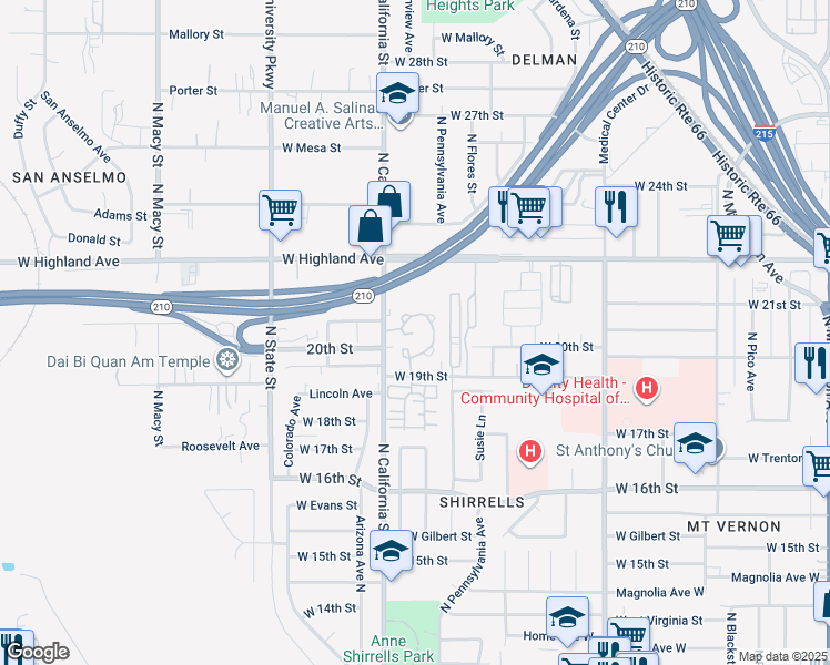 map of restaurants, bars, coffee shops, grocery stores, and more near 2000 Jubilee Court in San Bernardino