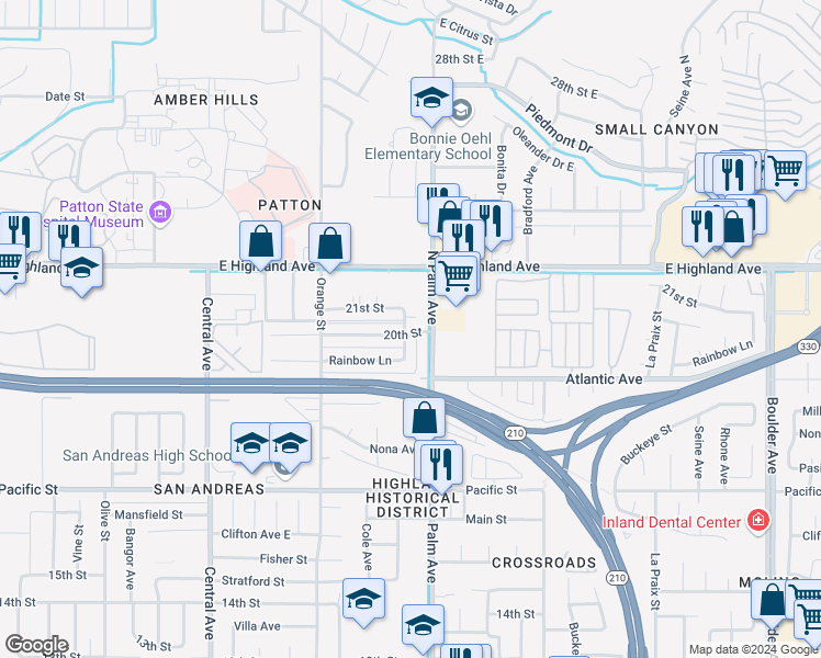 map of restaurants, bars, coffee shops, grocery stores, and more near 3568 20th Street in Highland