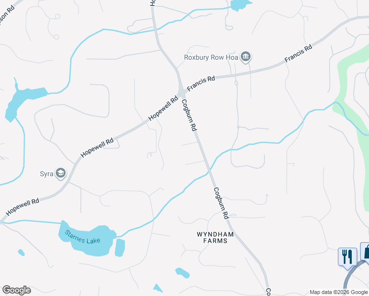 map of restaurants, bars, coffee shops, grocery stores, and more near 14505 Cogburn Road in Alpharetta
