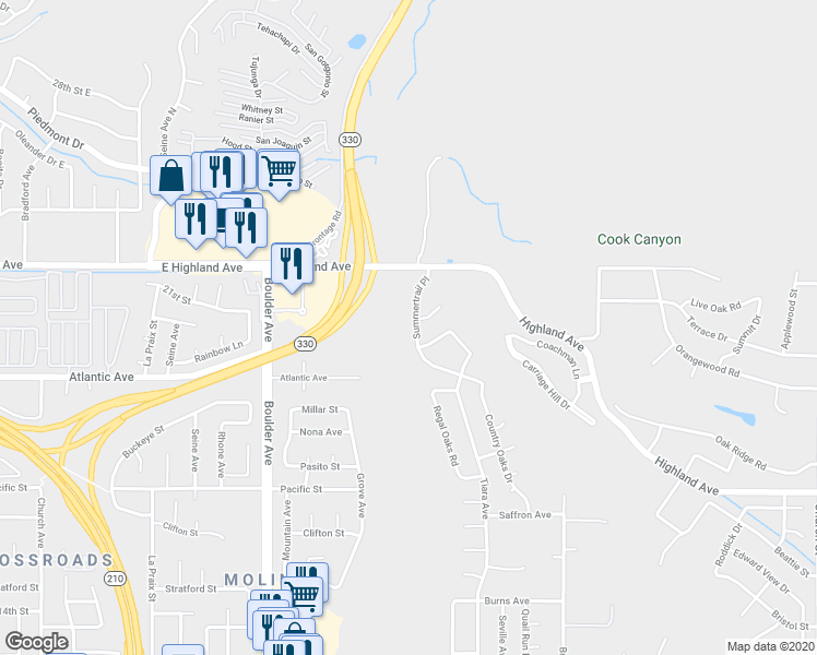 map of restaurants, bars, coffee shops, grocery stores, and more near 6632 Summertrail Place in Highland