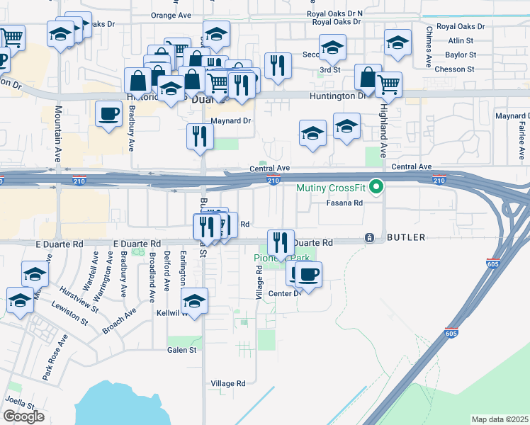 map of restaurants, bars, coffee shops, grocery stores, and more near 1633 Cotter Avenue in Duarte