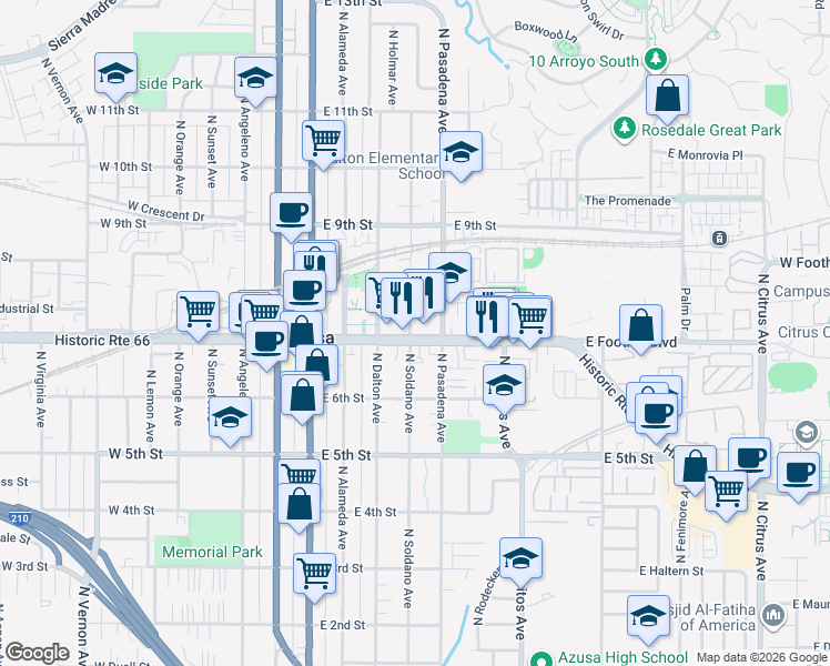map of restaurants, bars, coffee shops, grocery stores, and more near 401 East Foothill Boulevard in Azusa