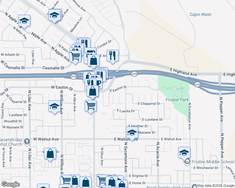map of restaurants, bars, coffee shops, grocery stores, and more near 1869 North Date Avenue in Rialto
