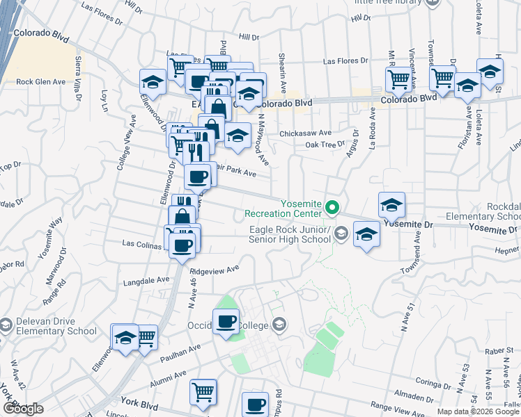 map of restaurants, bars, coffee shops, grocery stores, and more near 2035 Addison Way in Los Angeles