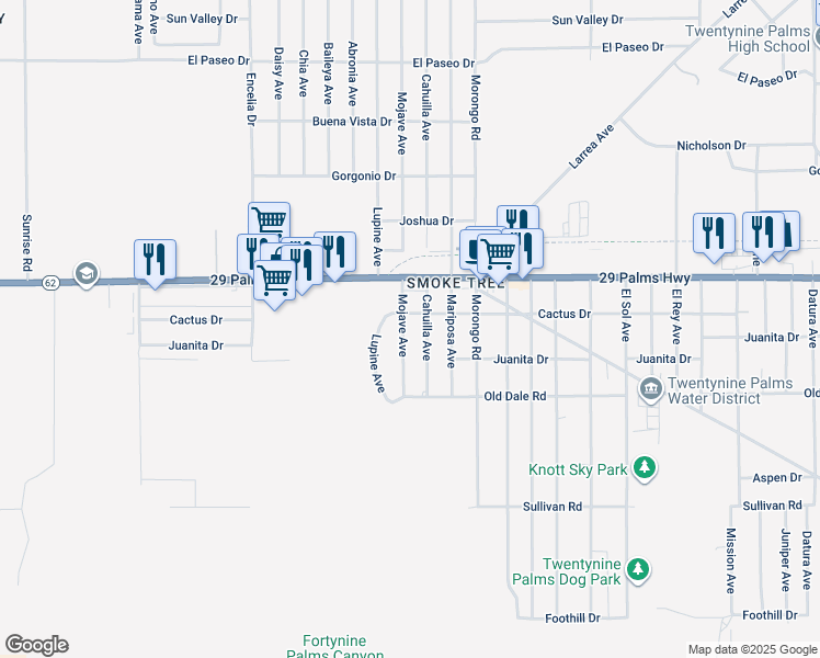 map of restaurants, bars, coffee shops, grocery stores, and more near 6565 Mojave Avenue in Twentynine Palms