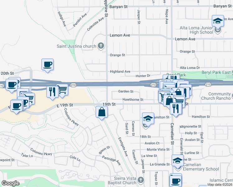 map of restaurants, bars, coffee shops, grocery stores, and more near 8359 Garden Street in Rancho Cucamonga