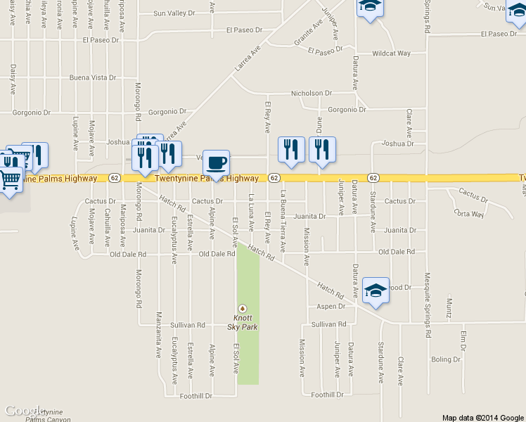 map of restaurants, bars, coffee shops, grocery stores, and more near 6586 El Rey Avenue in Twentynine Palms