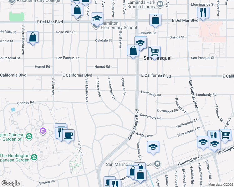 map of restaurants, bars, coffee shops, grocery stores, and more near 705 Chaucer Road in San Marino