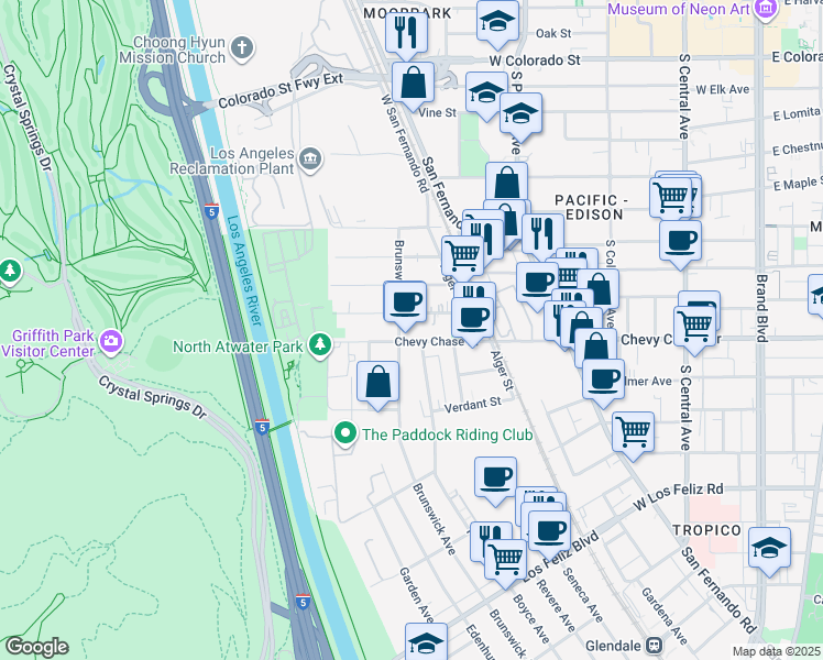 map of restaurants, bars, coffee shops, grocery stores, and more near 4511 Brunswick Avenue in Los Angeles