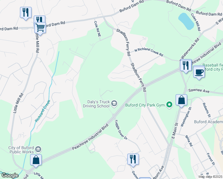 map of restaurants, bars, coffee shops, grocery stores, and more near 5411 Cole Road Northeast in Buford
