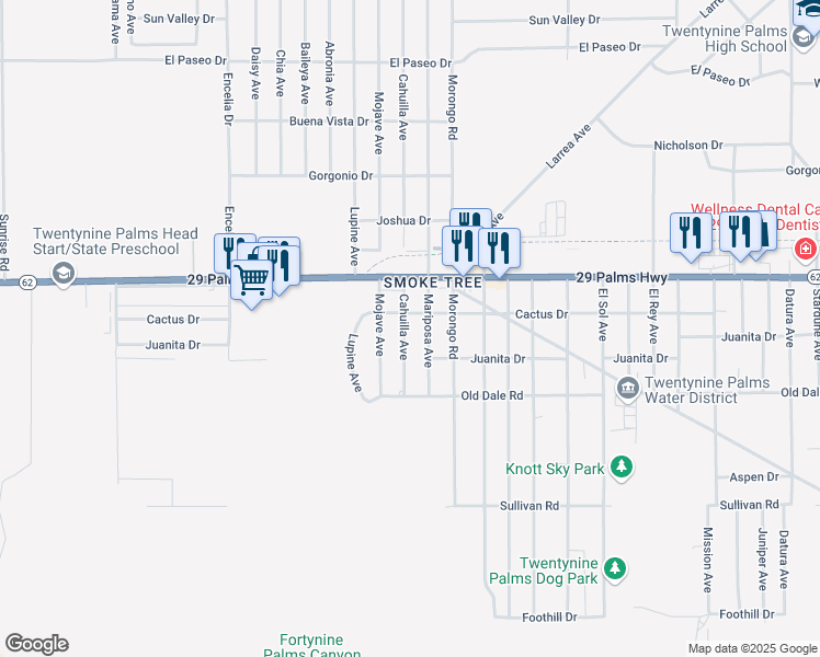 map of restaurants, bars, coffee shops, grocery stores, and more near 6577 Cahuilla Avenue in Twentynine Palms