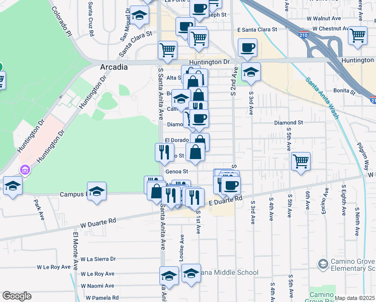 map of restaurants, bars, coffee shops, grocery stores, and more near 53 Fano Street in Arcadia