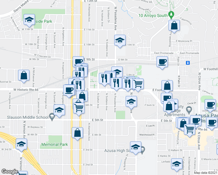 map of restaurants, bars, coffee shops, grocery stores, and more near 415 East Foothill Boulevard in Azusa