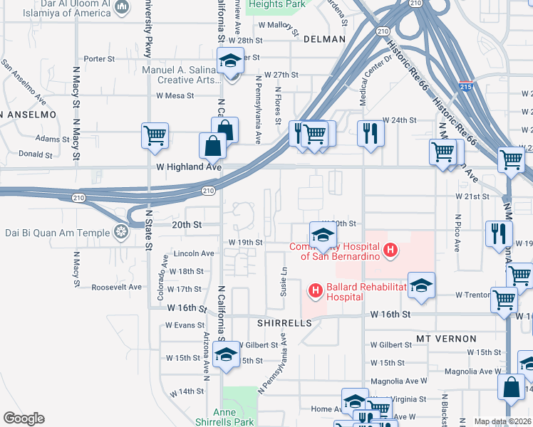 map of restaurants, bars, coffee shops, grocery stores, and more near 1826 West 19th Street in San Bernardino