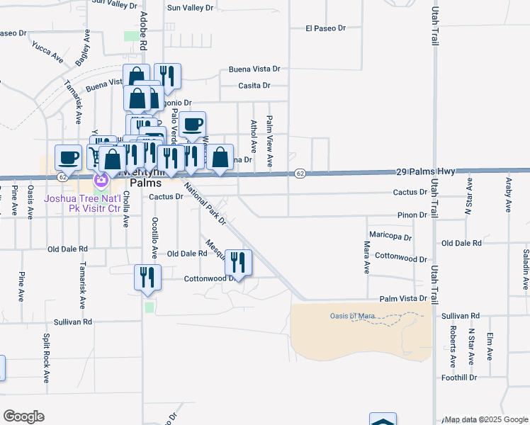 map of restaurants, bars, coffee shops, grocery stores, and more near 74036 Pinon Drive in Twentynine Palms