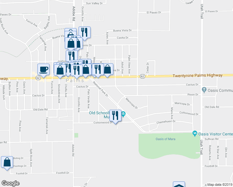 map of restaurants, bars, coffee shops, grocery stores, and more near 6650 Maricopa Drive in Twentynine Palms