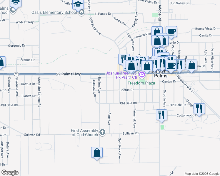 map of restaurants, bars, coffee shops, grocery stores, and more near 6587 Oasis Avenue in Twentynine Palms