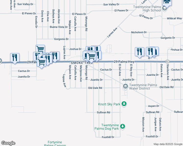 map of restaurants, bars, coffee shops, grocery stores, and more near 6573 Manzanita Avenue in Twentynine Palms