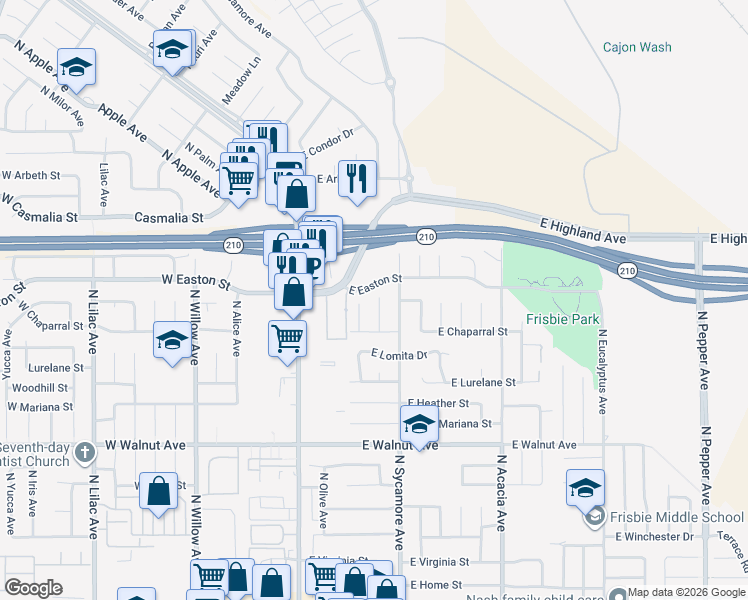 map of restaurants, bars, coffee shops, grocery stores, and more near 1869 North Date Avenue in Rialto