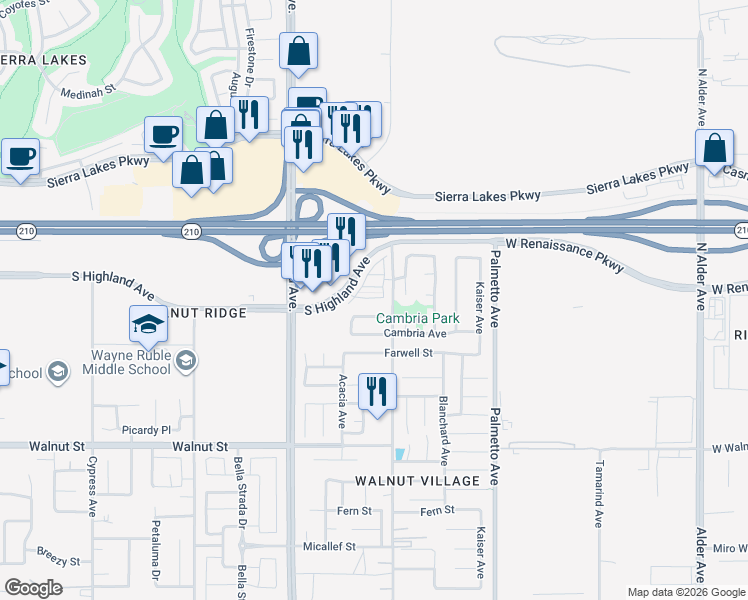 map of restaurants, bars, coffee shops, grocery stores, and more near 6578 Pacifica Avenue in Fontana