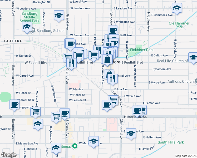 map of restaurants, bars, coffee shops, grocery stores, and more near 205 South Vermont Avenue in Glendora