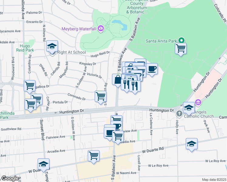map of restaurants, bars, coffee shops, grocery stores, and more near 511 South Baldwin Avenue in Arcadia